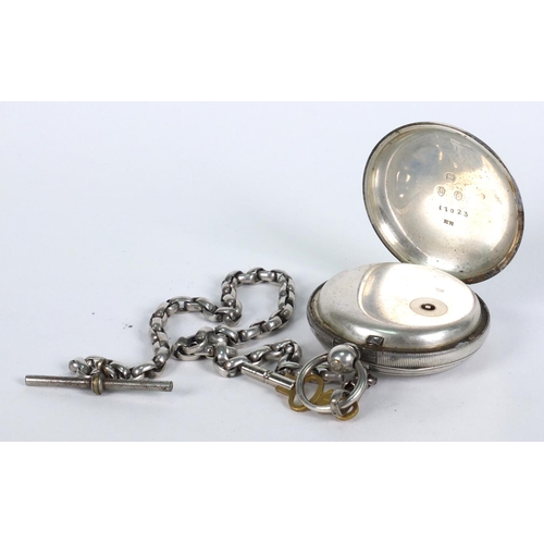 1293 - Adam Burdess silver gentleman's open faced pocket watch, 5cm diameter, on a white metal chain, appro... 