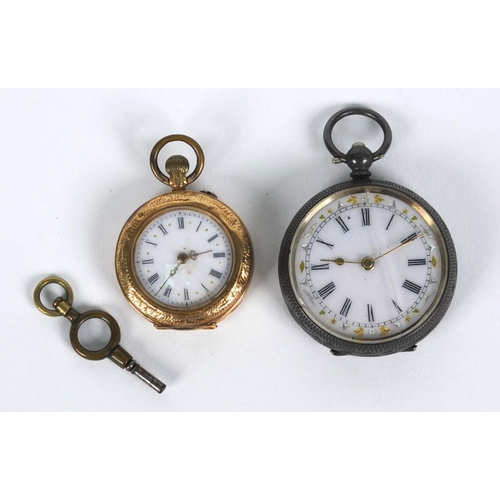 1300 - Lady's 14ct gold pocket watch with floral chased decoration, and a silver example