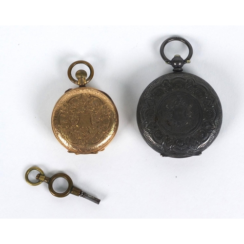 1300 - Lady's 14ct gold pocket watch with floral chased decoration, and a silver example