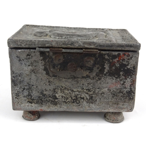4 - Antique lead slavery interest box, the top decorated with a man and marked 'Humanity', 13.5cm diamet... 