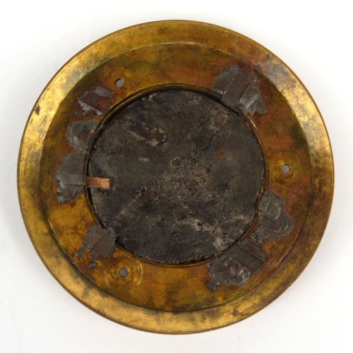 43 - Victorian pietra dura floral marble plaque mounted in a brass surround, 15cm diameter