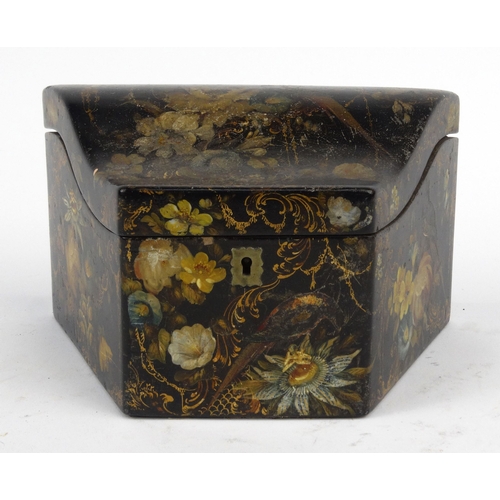 68 - Victorian lacquered wooden stationery box hand painted with birds and flowers, 22cm diameter