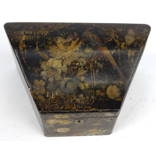 68 - Victorian lacquered wooden stationery box hand painted with birds and flowers, 22cm diameter