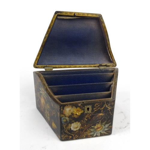 68 - Victorian lacquered wooden stationery box hand painted with birds and flowers, 22cm diameter