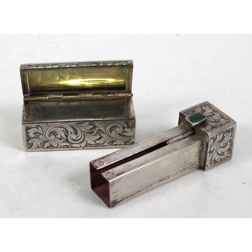 202 - 800 grade silver lipstick case with malachite button, 6cm high