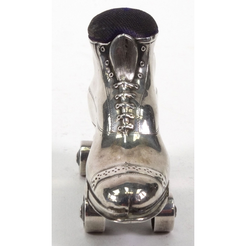 148 - Novelty silver roller skate pin cushion, numbered RD35766, C&N Birmingham 1934, 5.5cm high