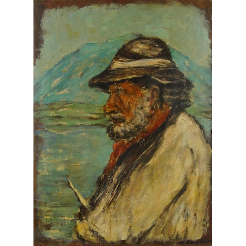 1327 - Unframed oil onto panel of an old man beside a river before a mountain, bearing a signature Paul Hen... 