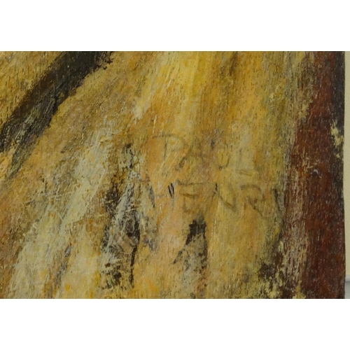 1327 - Unframed oil onto panel of an old man beside a river before a mountain, bearing a signature Paul Hen... 