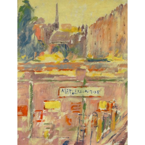 1335 - Oil onto canvas laid onto board abstract composition of a town scene, bearing a signature S.F. Gore,... 