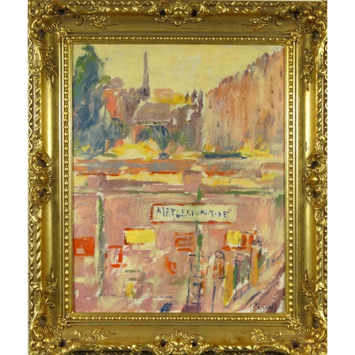 1335 - Oil onto canvas laid onto board abstract composition of a town scene, bearing a signature S.F. Gore,... 