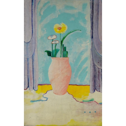 1322 - Oil onto board of still life flowers in a vase, bearing a signature Blaine, dated 1986, framed, 94cm... 