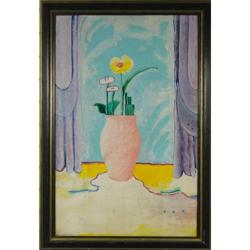 1322 - Oil onto board of still life flowers in a vase, bearing a signature Blaine, dated 1986, framed, 94cm... 