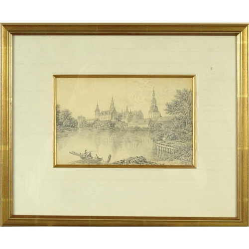 1349 - 19th Century pencil drawing of Kronborg Castle, Denmark, mounted in a  gilt frame, 19cm x 12cm exclu... 