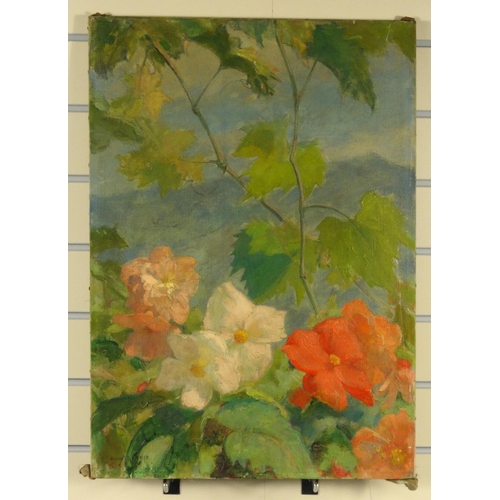 1333 - Many Benner - unframed oil onto canvas view of flowers, Paris stamp to the reverse, 66cm x 46cm