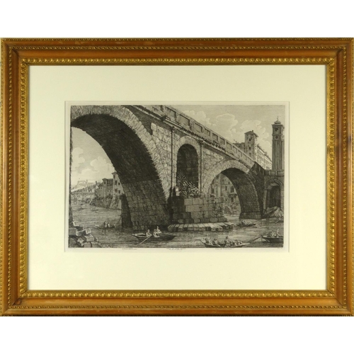 1438 - Luigi Rossini - Black and white etching, views of Rome, Ponte Fabrizio, mounted and gilt framed, 56c... 