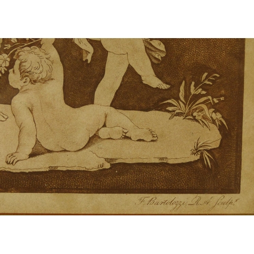 222 - F. Bartolozzi engraving of putti at play, mounted and framed, 30cm x 12cm excluding the mount and fr... 