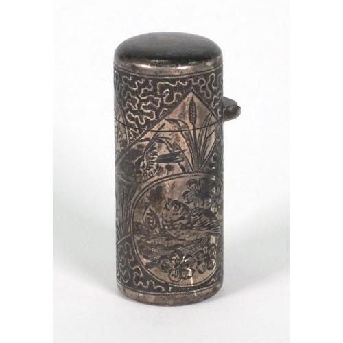 210 - Victorian silver scent bottle engraved with birds, S.M London 1886, 5.5cm high