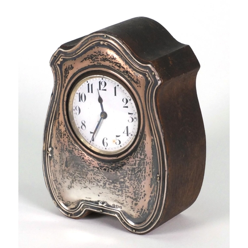 1309 - Silver mounted oak desk clock, hallmarked G&C Ltd, Birmingham 1919, 12cm high