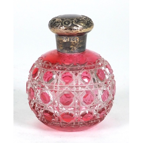 212 - Cranberry cut glass scent bottle with silver lid, hallmarked R&B Sheffield 1901, 7.5cm high