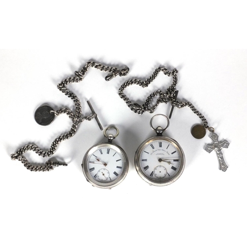 1294 - Two gentleman's silver open faced pocket watches and two silver watch chains