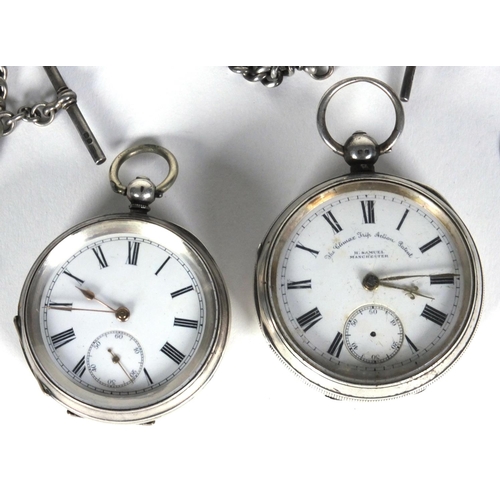 1294 - Two gentleman's silver open faced pocket watches and two silver watch chains