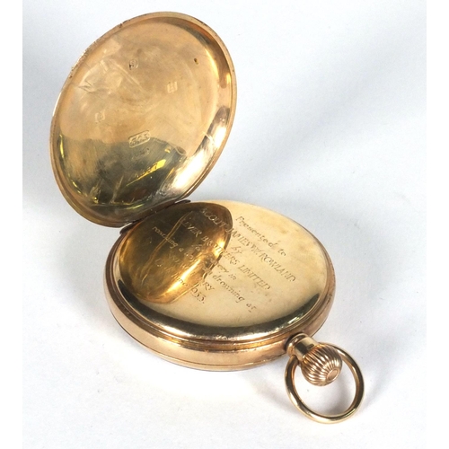 1288 - Vertex 9ct gold gentleman's pocket watch, the dust cover engraved 'Presented to Scout James W. Rolan... 