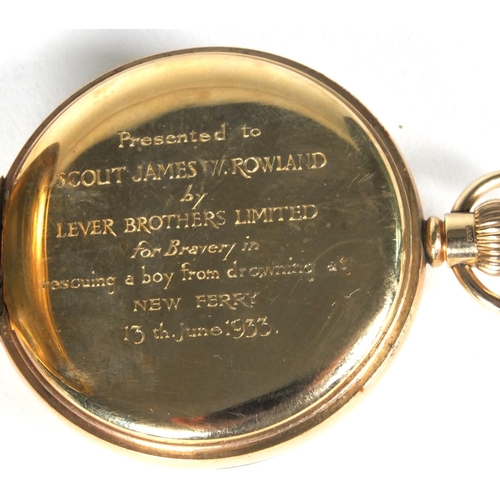 1288 - Vertex 9ct gold gentleman's pocket watch, the dust cover engraved 'Presented to Scout James W. Rolan... 