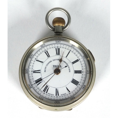 1297 - White metal Tell chronograph pocket watch, 5.6cm diameter