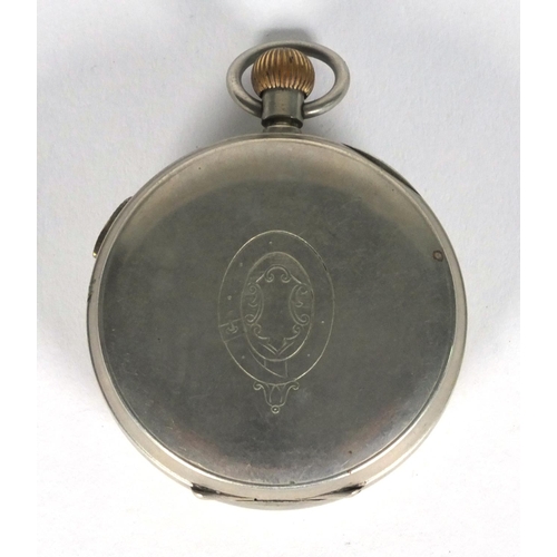 1297 - White metal Tell chronograph pocket watch, 5.6cm diameter