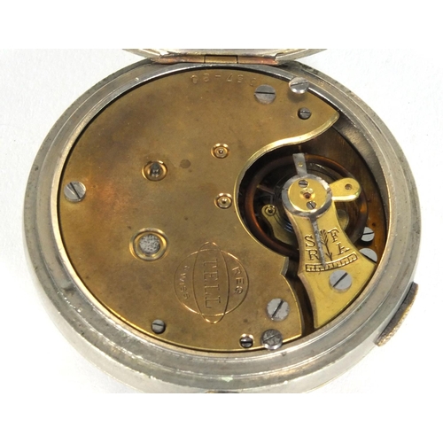 1297 - White metal Tell chronograph pocket watch, 5.6cm diameter