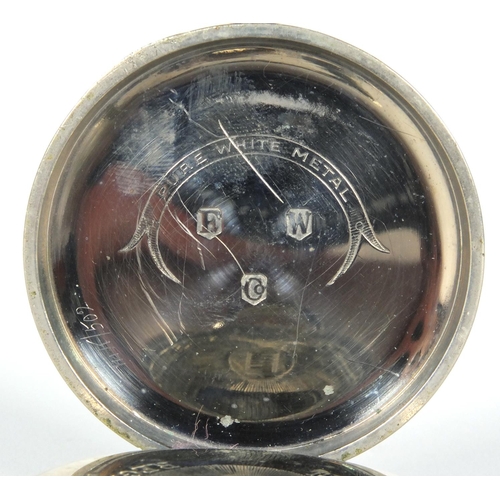 1297 - White metal Tell chronograph pocket watch, 5.6cm diameter