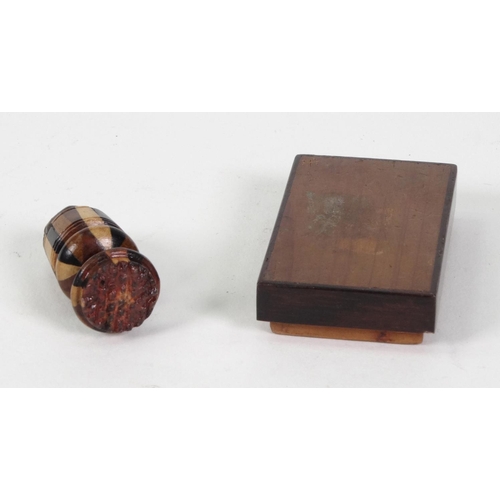 58 - Victorian wooden Tunbridge ware box and cover, together with a wax seal holder, the larger 35cm high