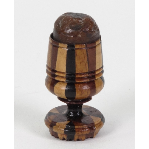 58 - Victorian wooden Tunbridge ware box and cover, together with a wax seal holder, the larger 35cm high