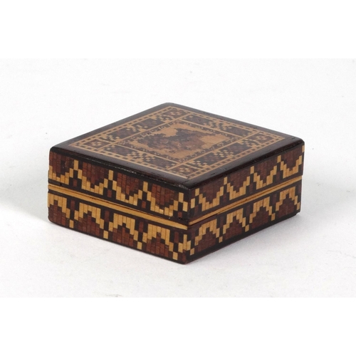 57 - Victorian wooden Tunbridge ware stamp box decorated with a bust of  Queen Victoria, 4cm x 3.5cm