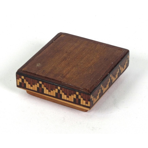 57 - Victorian wooden Tunbridge ware stamp box decorated with a bust of  Queen Victoria, 4cm x 3.5cm