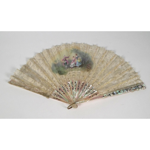 164 - Selection of lady's fans including ostrich fan, mother of pearl and a boxed hand painted mother of p... 