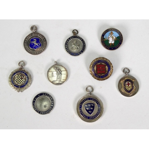 237 - Selection of sporting interest silver and silver metal jewels including cricket, football, some with... 