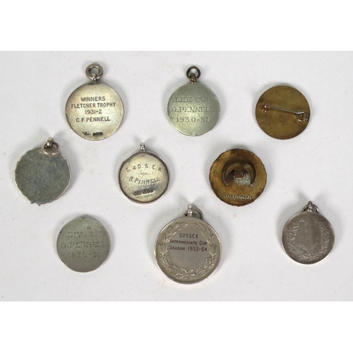 237 - Selection of sporting interest silver and silver metal jewels including cricket, football, some with... 