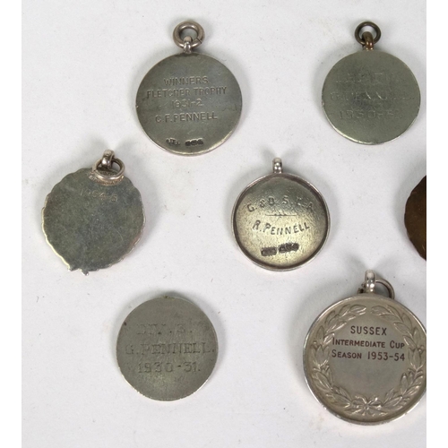 237 - Selection of sporting interest silver and silver metal jewels including cricket, football, some with... 