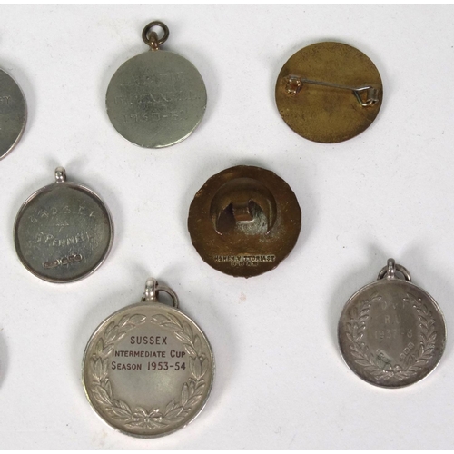 237 - Selection of sporting interest silver and silver metal jewels including cricket, football, some with... 