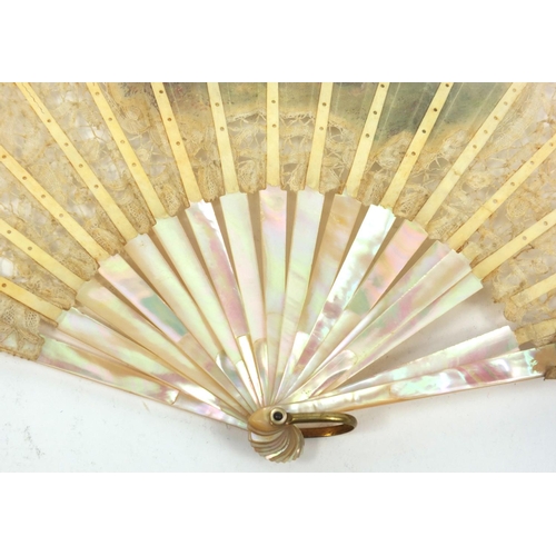 164 - Selection of lady's fans including ostrich fan, mother of pearl and a boxed hand painted mother of p... 