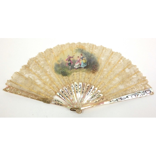 164 - Selection of lady's fans including ostrich fan, mother of pearl and a boxed hand painted mother of p... 