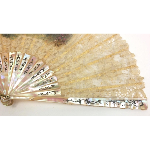 164 - Selection of lady's fans including ostrich fan, mother of pearl and a boxed hand painted mother of p... 