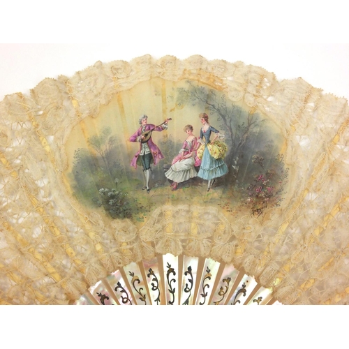 164 - Selection of lady's fans including ostrich fan, mother of pearl and a boxed hand painted mother of p... 