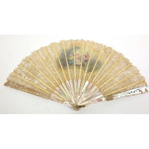 164 - Selection of lady's fans including ostrich fan, mother of pearl and a boxed hand painted mother of p... 