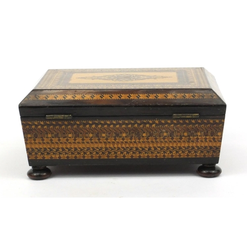 54 - Victorian wooden Tunbridge ware box on bun feet, 20cm diameter