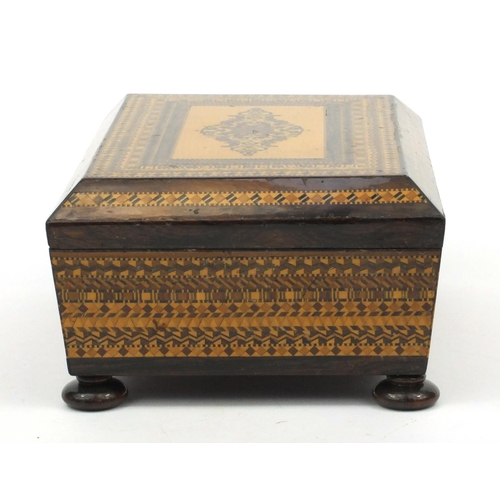 54 - Victorian wooden Tunbridge ware box on bun feet, 20cm diameter