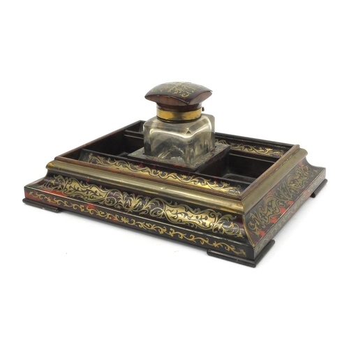 64 - Aspreys of London Victorian rosewood tortoiseshell boulle work pen stand with cut glass bottle, 24cm... 