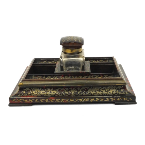 64 - Aspreys of London Victorian rosewood tortoiseshell boulle work pen stand with cut glass bottle, 24cm... 