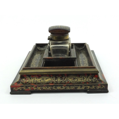 64 - Aspreys of London Victorian rosewood tortoiseshell boulle work pen stand with cut glass bottle, 24cm... 